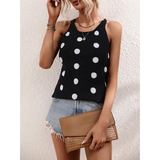 Hollow Polka-Dot High-Low Sleeveless Round-Neck Vest Top Hollow Polka-Dot High-Low Sleeveless Round-Neck Vest Top