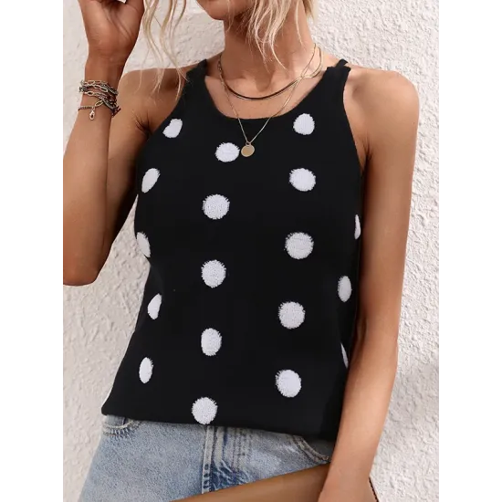 Hollow Polka-Dot High-Low Sleeveless Round-Neck Vest Top Hollow Polka-Dot High-Low Sleeveless Round-Neck Vest Top