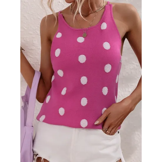 Hollow Polka-Dot High-Low Sleeveless Round-Neck Vest Top Hollow Polka-Dot High-Low Sleeveless Round-Neck Vest Top