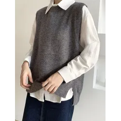 Solid Color Split-Joint Split-side High-low Loose Round-neck Vest Top Knitwear