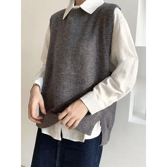Solid Color Split-Joint Split-side High-low Loose Round-neck Vest Top Knitwear Solid Color Split-Joint Split-side High-low Loose Round-neck Vest Top Knitwear