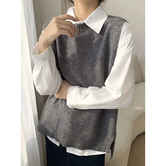 Solid Color Split-Joint Split-side High-low Loose Round-neck Vest Top Knitwear Solid Color Split-Joint Split-side High-low Loose Round-neck Vest Top Knitwear