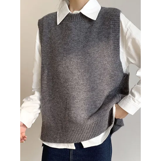 Solid Color Split-Joint Split-side High-low Loose Round-neck Vest Top Knitwear Solid Color Split-Joint Split-side High-low Loose Round-neck Vest Top Knitwear