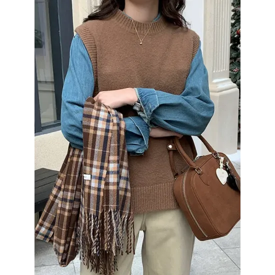 Solid Color Split-Joint Split-side High-low Loose Round-neck Vest Top Knitwear Solid Color Split-Joint Split-side High-low Loose Round-neck Vest Top Knitwear