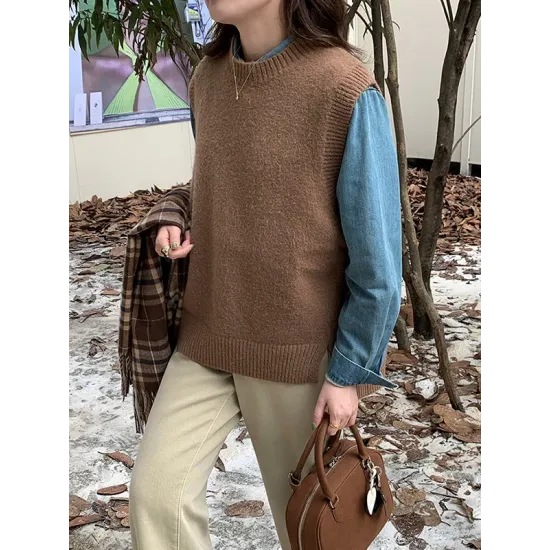 Solid Color Split-Joint Split-side High-low Loose Round-neck Vest Top Knitwear Solid Color Split-Joint Split-side High-low Loose Round-neck Vest Top Knitwear