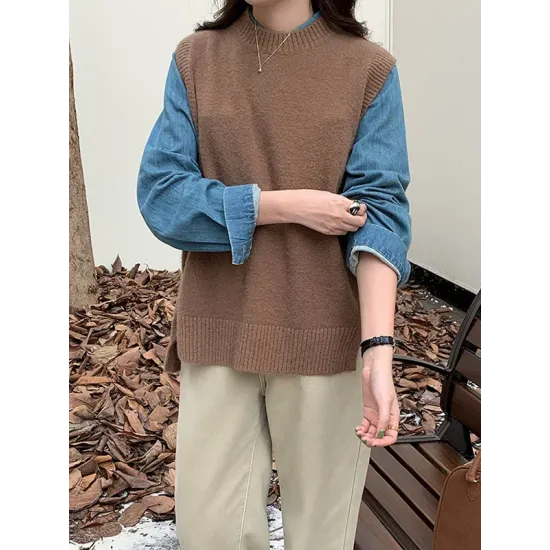 Solid Color Split-Joint Split-side High-low Loose Round-neck Vest Top Knitwear Solid Color Split-Joint Split-side High-low Loose Round-neck Vest Top Knitwear