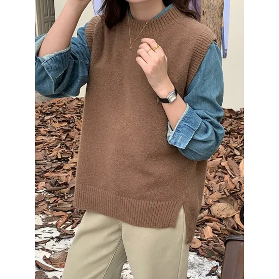 Solid Color Split-Joint Split-side High-low Loose Round-neck Vest Top Knitwear Solid Color Split-Joint Split-side High-low Loose Round-neck Vest Top Knitwear