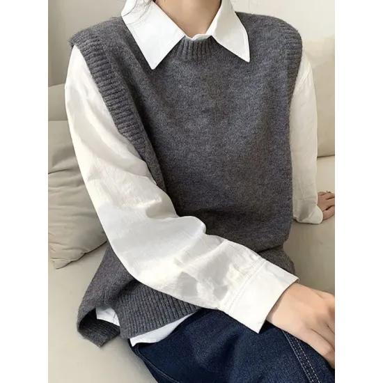 Solid Color Split-Joint Split-side High-low Loose Round-neck Vest Top Knitwear Solid Color Split-Joint Split-side High-low Loose Round-neck Vest Top Knitwear