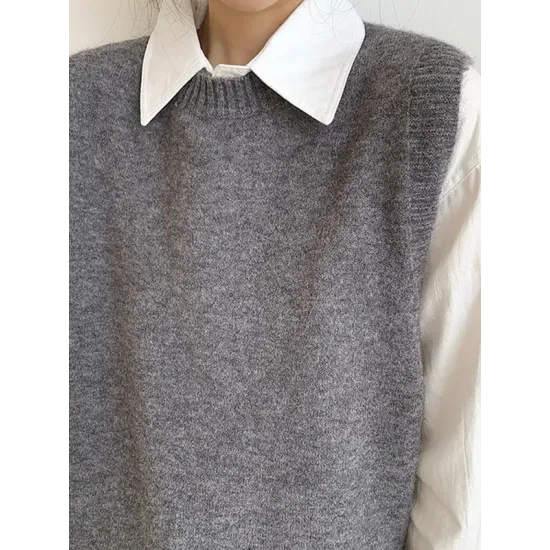 Solid Color Split-Joint Split-side High-low Loose Round-neck Vest Top Knitwear Solid Color Split-Joint Split-side High-low Loose Round-neck Vest Top Knitwear