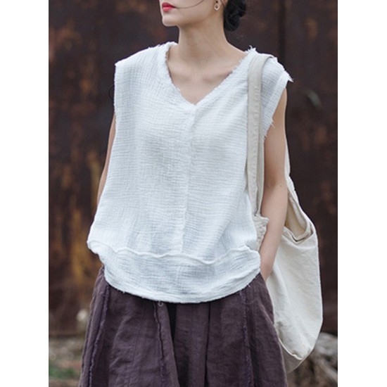 Fringed Pleated Solid Color Split-Joint Loose Sleeveless V-Neck Vest Top Fringed Pleated Solid Color Split-Joint Loose Sleeveless V-Neck Vest Top