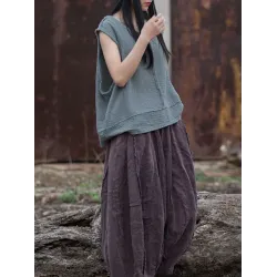 Fringed Pleated Solid Color Split-Joint Loose Sleeveless V-Neck Vest Top