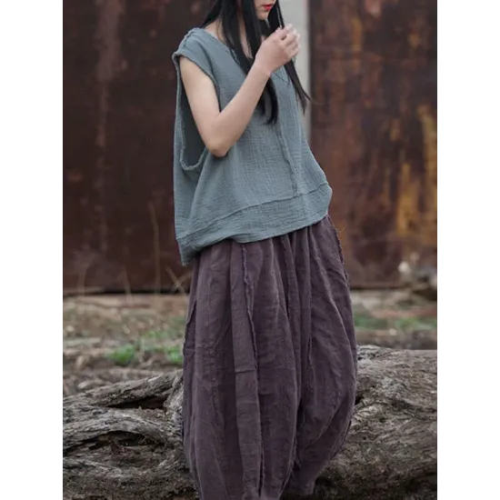Fringed Pleated Solid Color Split-Joint Loose Sleeveless V-Neck Vest Top Fringed Pleated Solid Color Split-Joint Loose Sleeveless V-Neck Vest Top