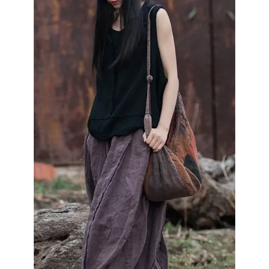 Fringed Pleated Solid Color Split-Joint Loose Sleeveless V-Neck Vest Top Fringed Pleated Solid Color Split-Joint Loose Sleeveless V-Neck Vest Top