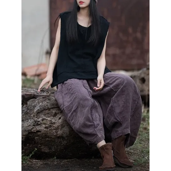 Fringed Pleated Solid Color Split-Joint Loose Sleeveless V-Neck Vest Top Fringed Pleated Solid Color Split-Joint Loose Sleeveless V-Neck Vest Top