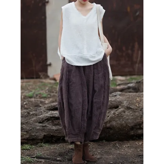 Fringed Pleated Solid Color Split-Joint Loose Sleeveless V-Neck Vest Top Fringed Pleated Solid Color Split-Joint Loose Sleeveless V-Neck Vest Top