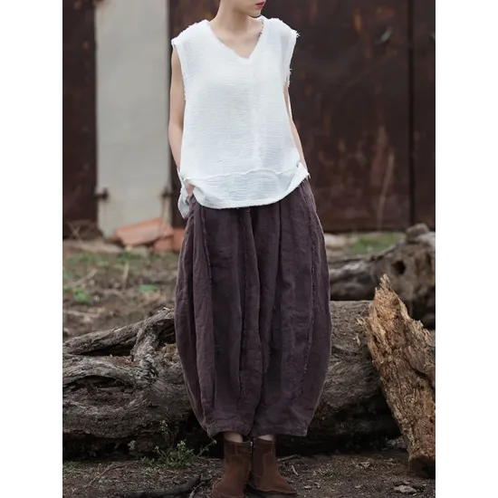 Fringed Pleated Solid Color Split-Joint Loose Sleeveless V-Neck Vest Top Fringed Pleated Solid Color Split-Joint Loose Sleeveless V-Neck Vest Top