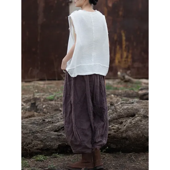 Fringed Pleated Solid Color Split-Joint Loose Sleeveless V-Neck Vest Top Fringed Pleated Solid Color Split-Joint Loose Sleeveless V-Neck Vest Top