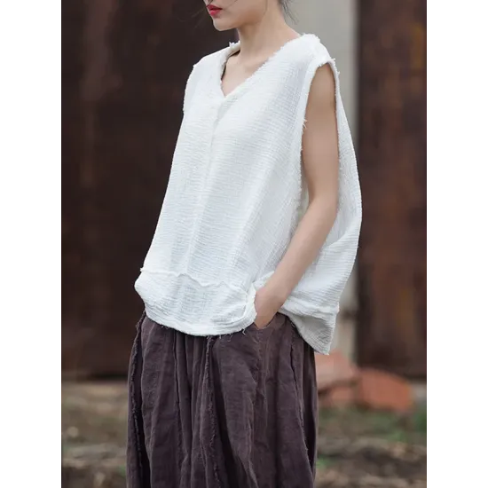 Fringed Pleated Solid Color Split-Joint Loose Sleeveless V-Neck Vest Top Fringed Pleated Solid Color Split-Joint Loose Sleeveless V-Neck Vest Top