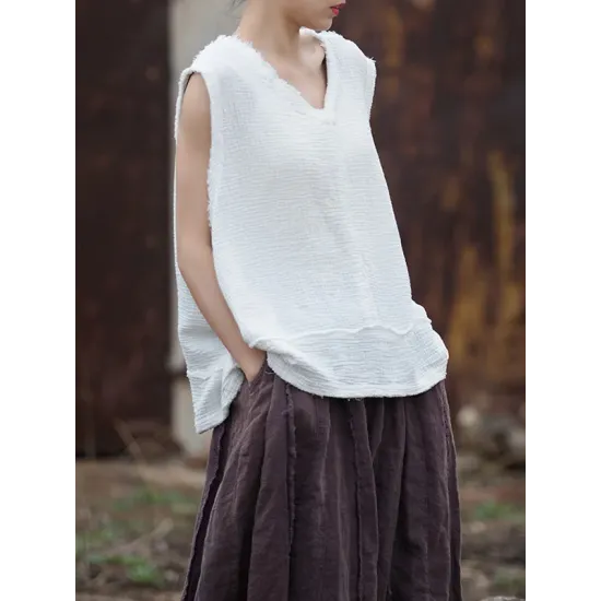 Fringed Pleated Solid Color Split-Joint Loose Sleeveless V-Neck Vest Top Fringed Pleated Solid Color Split-Joint Loose Sleeveless V-Neck Vest Top