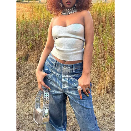 Shiny Solid Color Skinny Sleeveless Tube Vest Top Shiny Solid Color Skinny Sleeveless Tube Vest Top