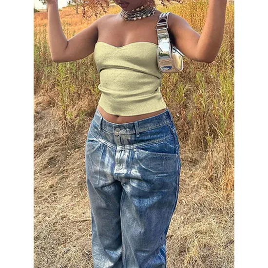 Shiny Solid Color Skinny Sleeveless Tube Vest Top Shiny Solid Color Skinny Sleeveless Tube Vest Top