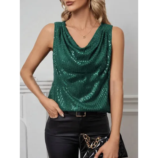 Sequined Shiny Solid Color Split-Joint Loose Sleeveless V-neck Vest Top Sequined Shiny Solid Color Split-Joint Loose Sleeveless V-neck Vest Top