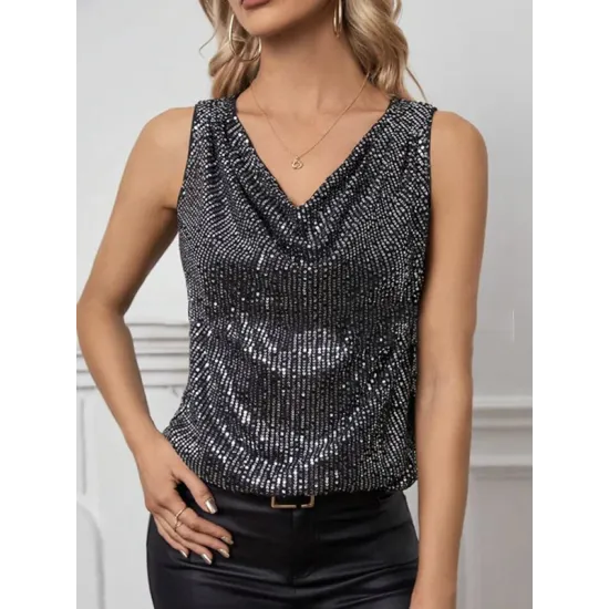 Sequined Shiny Solid Color Split-Joint Loose Sleeveless V-neck Vest Top Sequined Shiny Solid Color Split-Joint Loose Sleeveless V-neck Vest Top