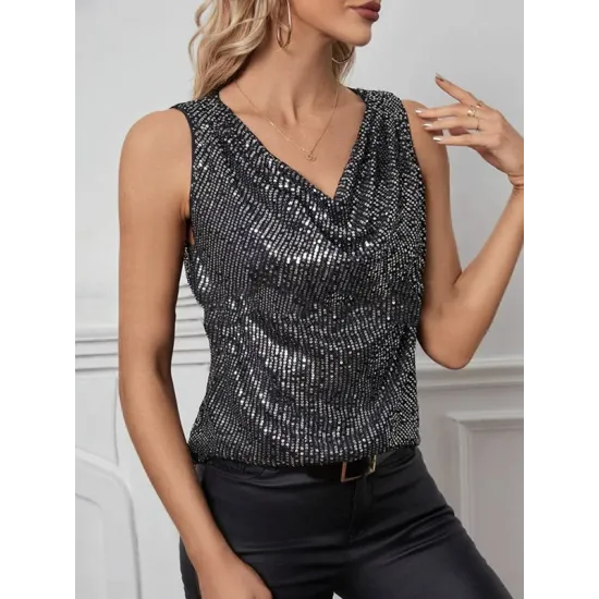Sequined Shiny Solid Color Split-Joint Loose Sleeveless V-neck Vest Top Sequined Shiny Solid Color Split-Joint Loose Sleeveless V-neck Vest Top