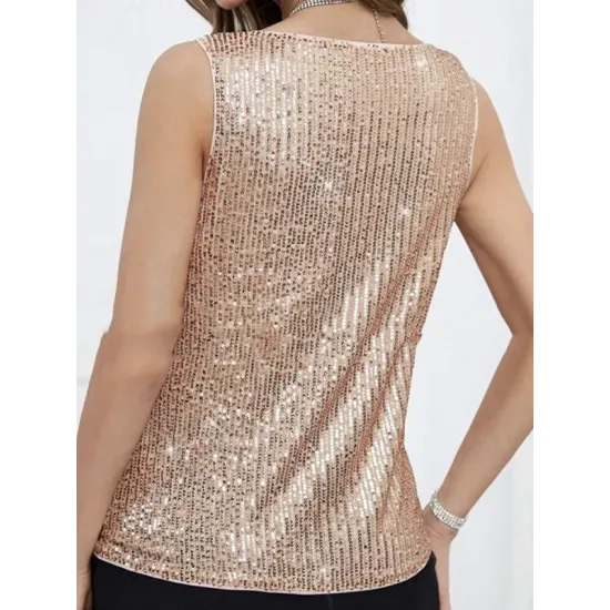 Sequined Shiny Solid Color Split-Joint Loose Sleeveless V-neck Vest Top Sequined Shiny Solid Color Split-Joint Loose Sleeveless V-neck Vest Top