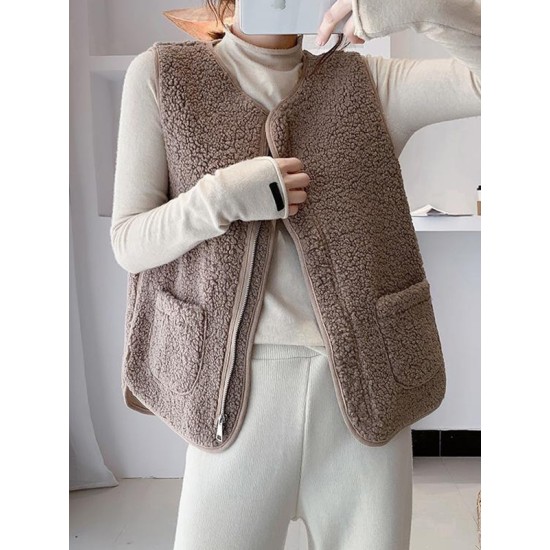 Split-Joint Velvet Loose Sleeveless Round-neck Vest Outerwear Split-Joint Velvet Loose Sleeveless Round-neck Vest Outerwear