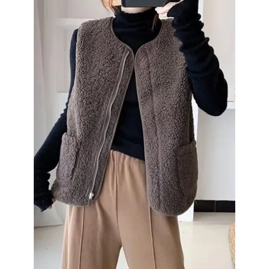 Split-Joint Velvet Loose Sleeveless Round-neck Vest Outerwear Split-Joint Velvet Loose Sleeveless Round-neck Vest Outerwear