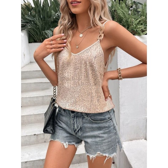 Sequined Split-Joint Loose Sleeveless Spaghetti-Neck Vest Top Sequined Split-Joint Loose Sleeveless Spaghetti-Neck Vest Top