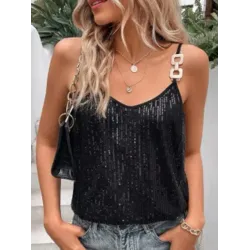 Sequined Split-Joint Loose Sleeveless Spaghetti-Neck Vest Top