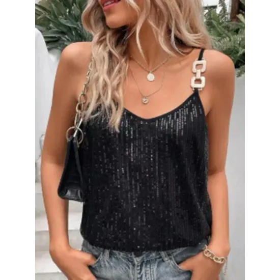 Sequined Split-Joint Loose Sleeveless Spaghetti-Neck Vest Top Sequined Split-Joint Loose Sleeveless Spaghetti-Neck Vest Top