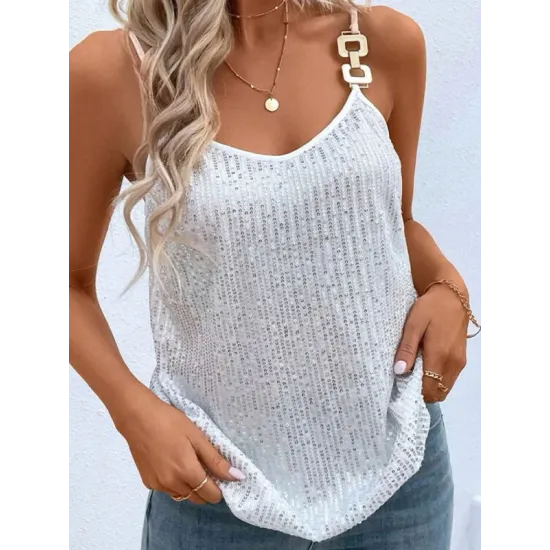 Sequined Split-Joint Loose Sleeveless Spaghetti-Neck Vest Top Sequined Split-Joint Loose Sleeveless Spaghetti-Neck Vest Top