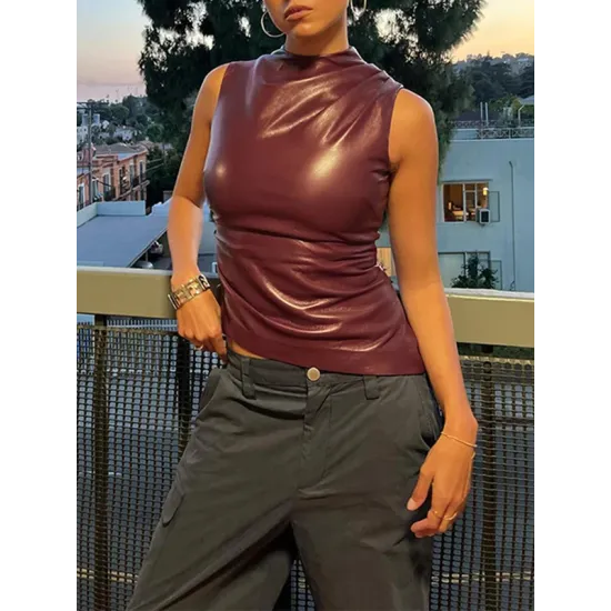 Asymmetric Pleated Solid Color Skinny Sleeveless Mock Neck Vest Top