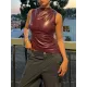 Asymmetric Pleated Solid Color Skinny Sleeveless Mock Neck Vest Top
