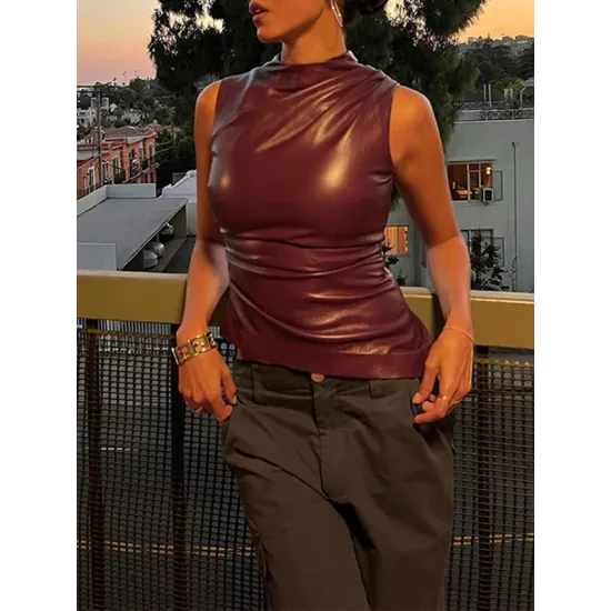 Asymmetric Pleated Solid Color Skinny Sleeveless Mock Neck Vest Top