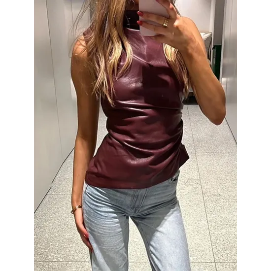 Asymmetric Pleated Solid Color Skinny Sleeveless Mock Neck Vest Top