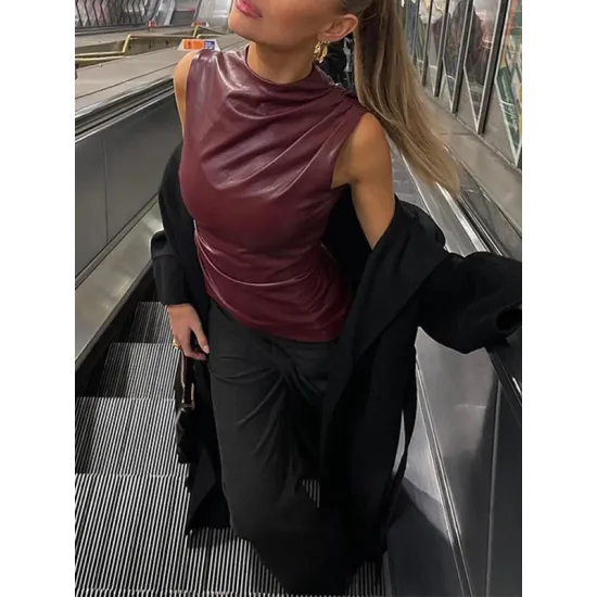 Asymmetric Pleated Solid Color Skinny Sleeveless Mock Neck Vest Top