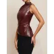 Asymmetric Pleated Solid Color Skinny Sleeveless Mock Neck Vest Top
