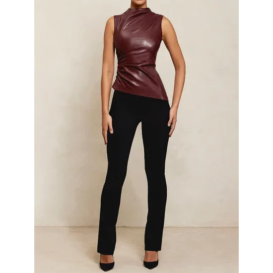 Asymmetric Pleated Solid Color Skinny Sleeveless Mock Neck Vest Top