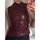 Asymmetric Pleated Solid Color Skinny Sleeveless Mock Neck Vest Top