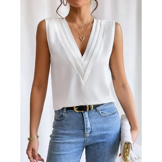 Layered Solid Color Loose Sleeveless V-Neck Vest Top Layered Solid Color Loose Sleeveless V-Neck Vest Top