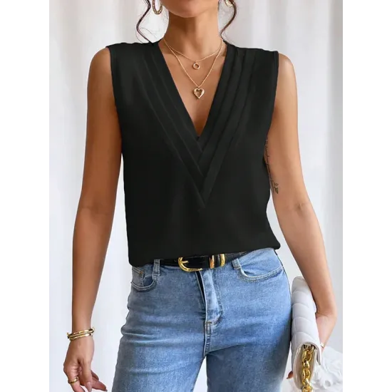 Layered Solid Color Loose Sleeveless V-Neck Vest Top Layered Solid Color Loose Sleeveless V-Neck Vest Top