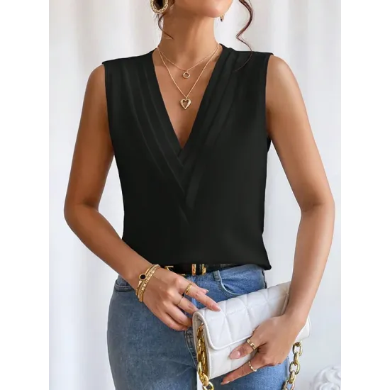 Layered Solid Color Loose Sleeveless V-Neck Vest Top Layered Solid Color Loose Sleeveless V-Neck Vest Top