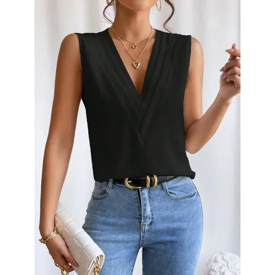 Layered Solid Color Loose Sleeveless V-Neck Vest Top Layered Solid Color Loose Sleeveless V-Neck Vest Top