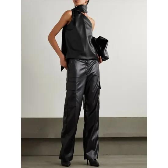 Sleeveless Asymmetric Solid Color High Neck Vest Top Sleeveless Asymmetric Solid Color High Neck Vest Top
