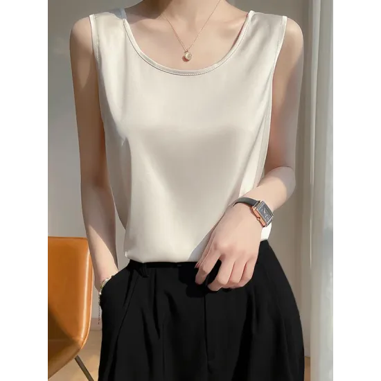 Solid Color Loose Sleeveless Round-Neck Vest Top Solid Color Loose Sleeveless Round-Neck Vest Top