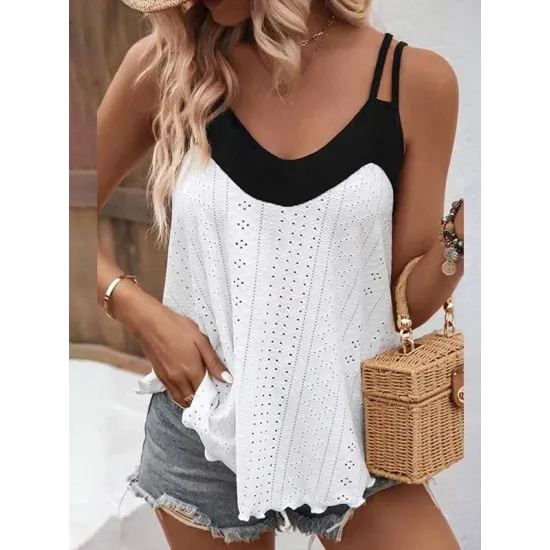 Contrast Color Hollow Split-Joint Loose Sleeveless Spaghetti-Neck Vest Top Contrast Color Hollow Split-Joint Loose Sleeveless Spaghetti-Neck Vest Top